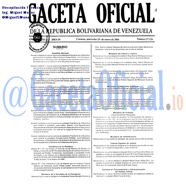 Gaceta Oficial 37126 del 24 Enero 2001