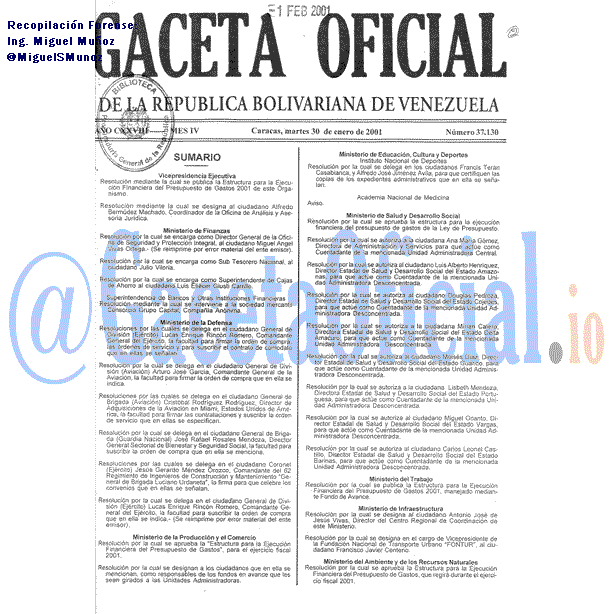 Gaceta Oficial 37130 del 30 Enero 2001