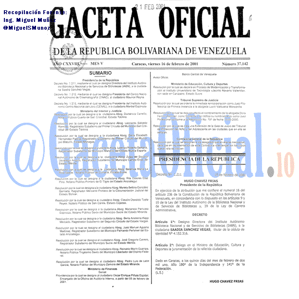 Gaceta Oficial 37142 del 16 Febrero 2001