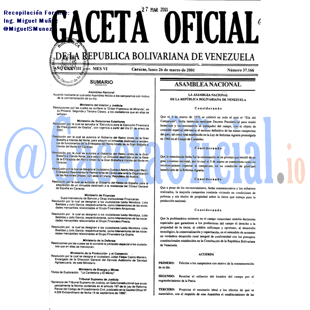 Gaceta Oficial 37166 del 26 Marzo 2001