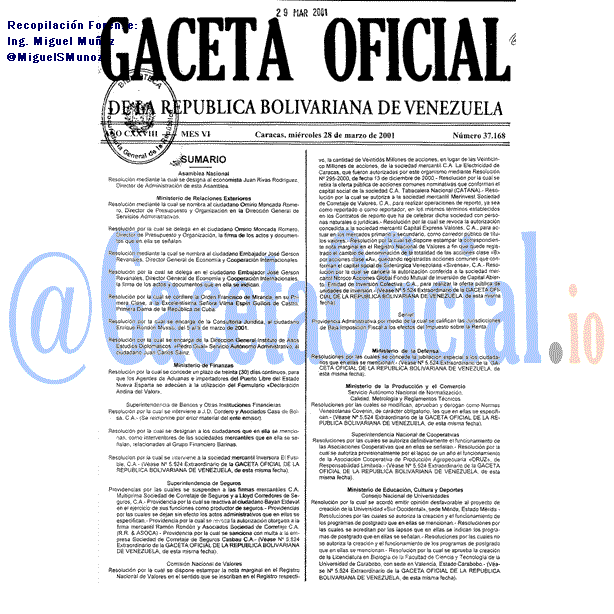 Gaceta Oficial 37168 del 28 Marzo 2001