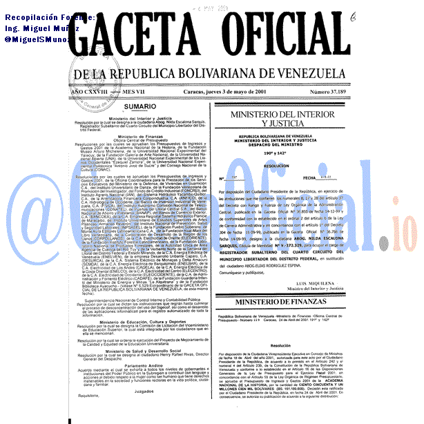 Gaceta Oficial 37189 del 3 Mayo 2001