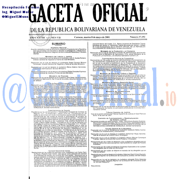 Gaceta Oficial 37192 del 8 Mayo 2001