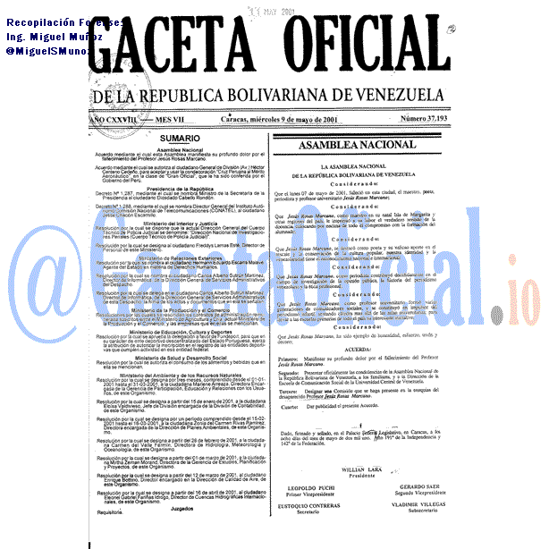 Gaceta Oficial 37193 del 9 Mayo 2001