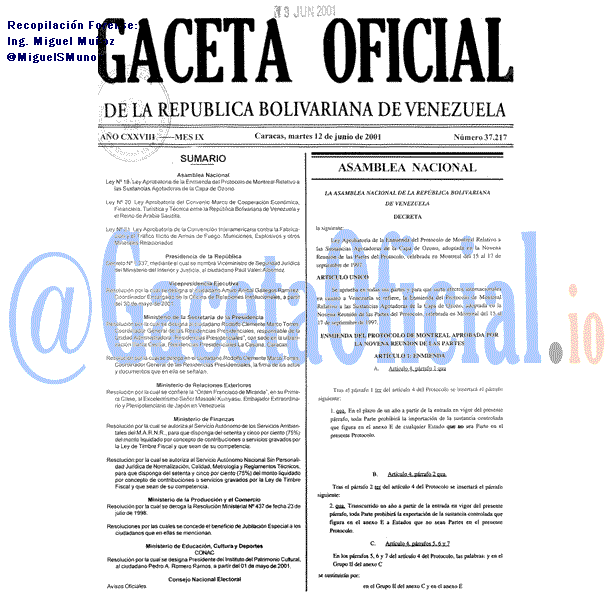 Gaceta Oficial 37217 del 12 Junio 2001