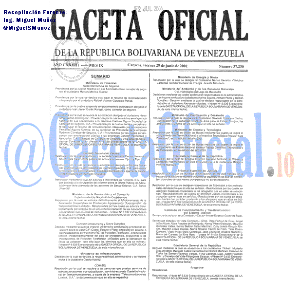 Gaceta Oficial 37230 del 29 Junio 2001