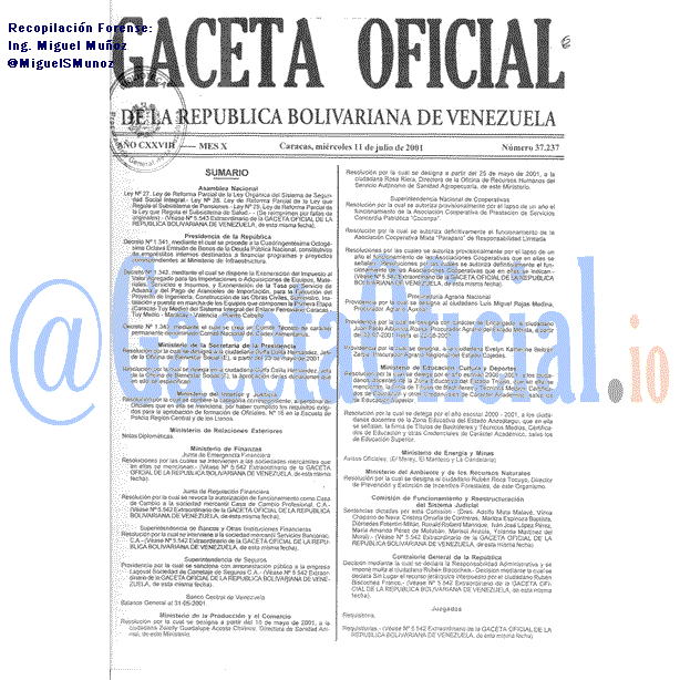Gaceta Oficial 37237 del 11 Julio 2001