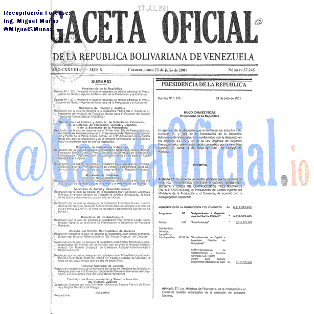 Gaceta Oficial 37245 del 23 Julio 2001