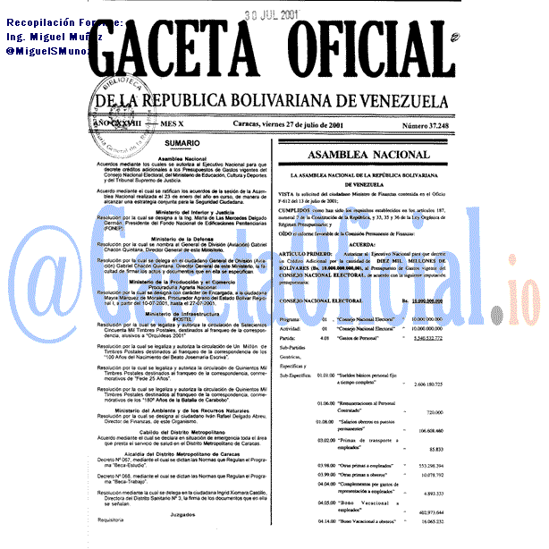 Gaceta Oficial 37248 del 27 Julio 2001