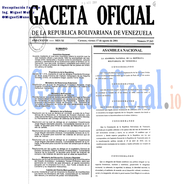 Gaceta Oficial 37263 del 17 Agosto 2001