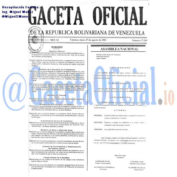Gaceta Oficial 37269 del 27 Agosto 2001