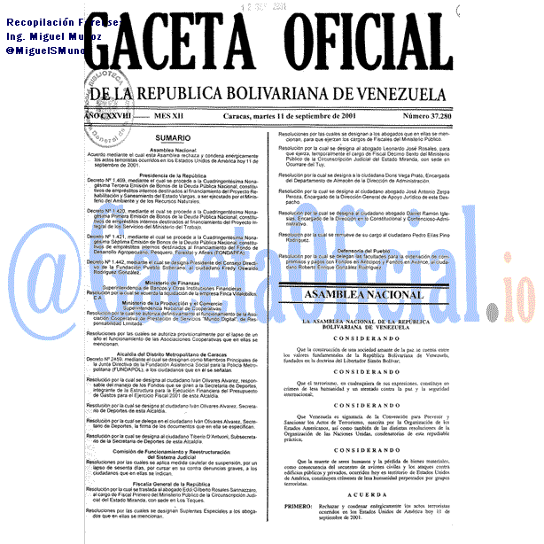 Gaceta Oficial 37280 del 11 Septiembre 2001