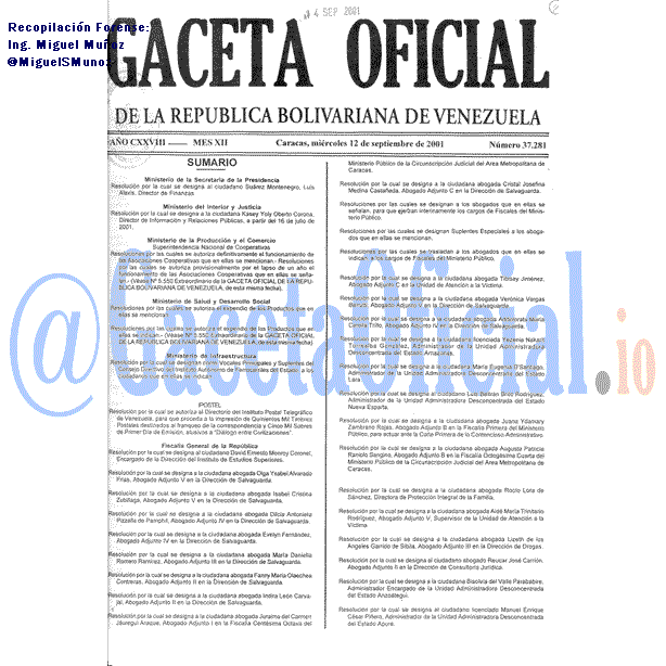 Gaceta Oficial 37281 del 12 Septiembre 2001