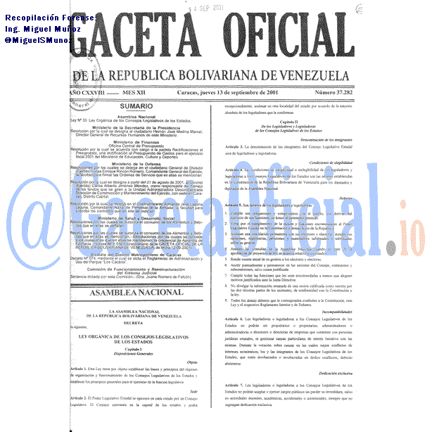 Gaceta Oficial 37282 del 13 Septiembre 2001