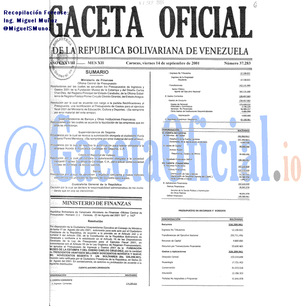 Gaceta Oficial 37283 del 14 Septiembre 2001