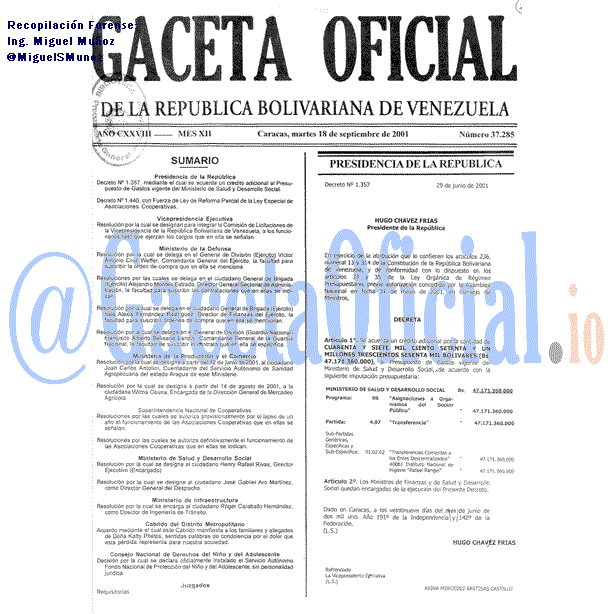 Gaceta Oficial 37285 del 18 Septiembre 2001