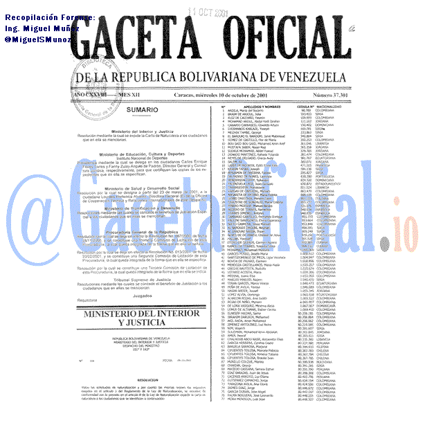 Gaceta Oficial 37301 del 10 Octubre 2001