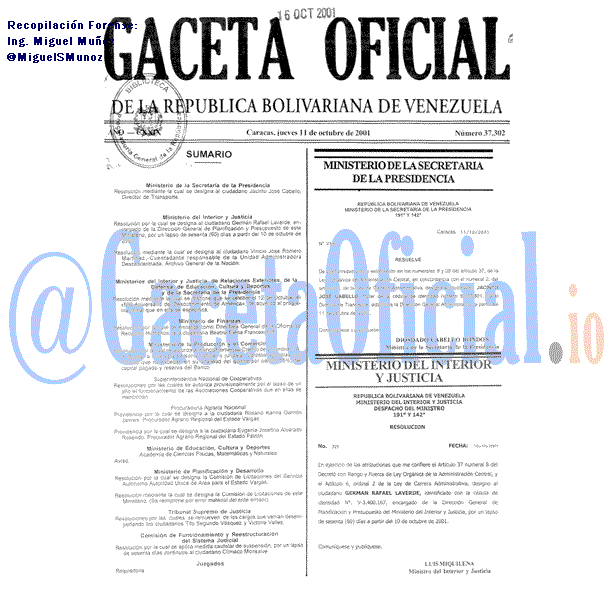 Gaceta Oficial 37302 del 11 Octubre 2001