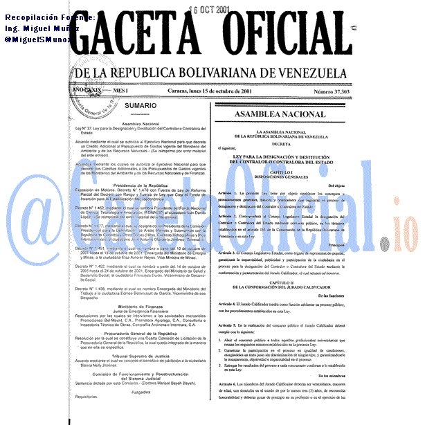 Gaceta Oficial 37303 del 15 Octubre 2001