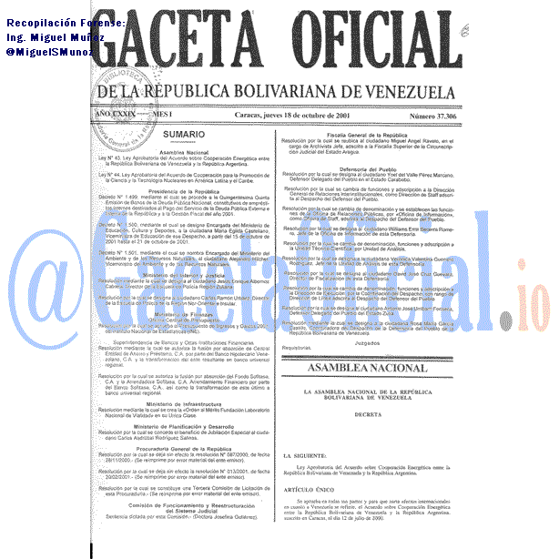 Gaceta Oficial 37306 del 18 Octubre 2001