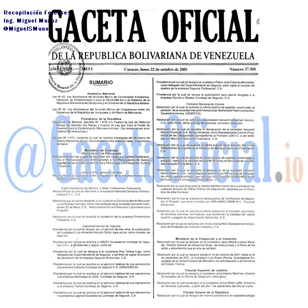 Gaceta Oficial 37308 del 22 Octubre 2001