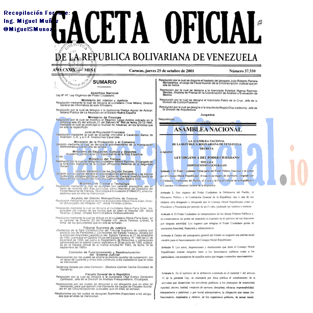 Gaceta Oficial 37310 del 25 Octubre 2001