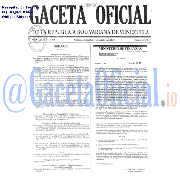 Gaceta Oficial 37314 del 31 Octubre 2001