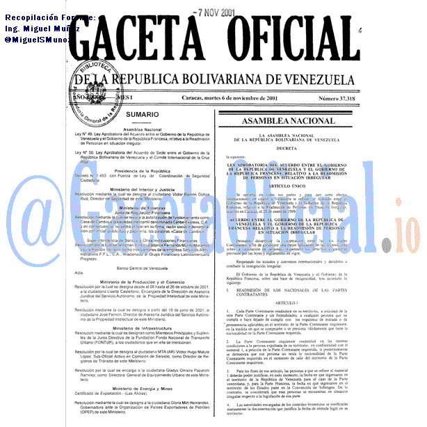 Gaceta Oficial 37318 del 6 Noviembre 2001