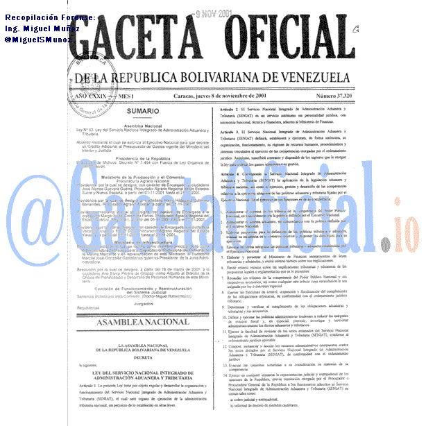 Gaceta Oficial 37320 del 8 Noviembre 2001