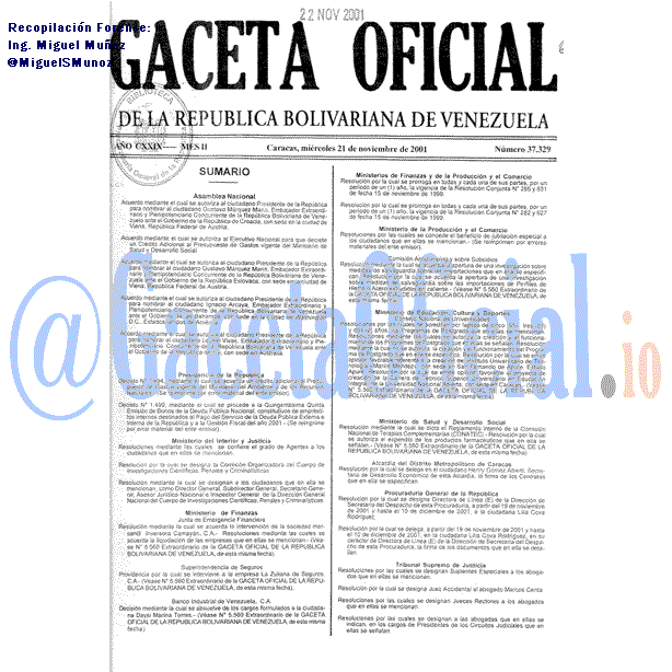 Gaceta Oficial 37329 del 21 Noviembre 2001
