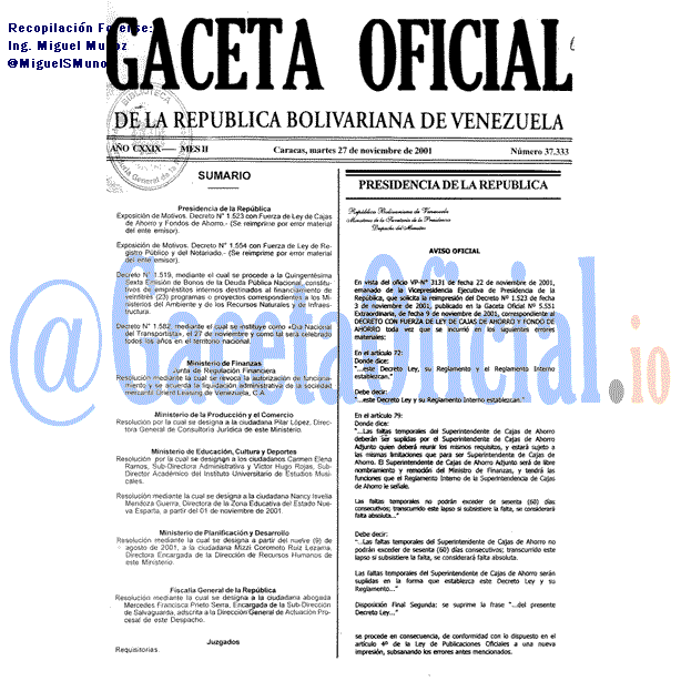 Gaceta Oficial 37333 del 27 Noviembre 2001