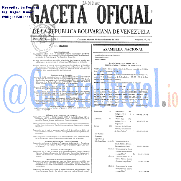 Gaceta Oficial 37336 del 30 Noviembre 2001