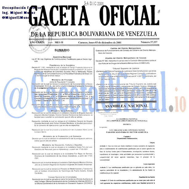 Gaceta Oficial 37337 del 3 Diciembre 2001