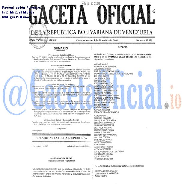 Gaceta Oficial 37338 del 4 Diciembre 2001