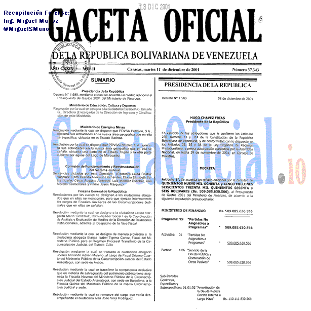 Gaceta Oficial 37343 del 11 Diciembre 2001