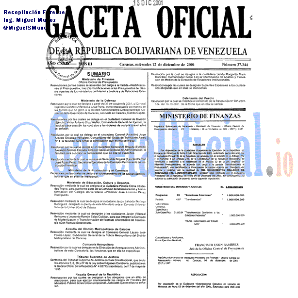 Gaceta Oficial 37344 del 12 Diciembre 2001