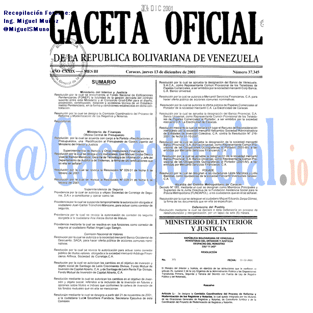 Gaceta Oficial 37345 del 13 Diciembre 2001