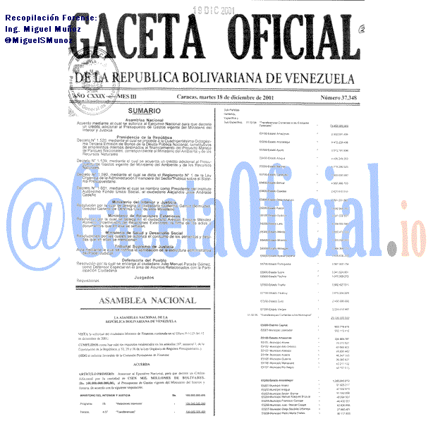 Gaceta Oficial 37348 del 18 Diciembre 2001
