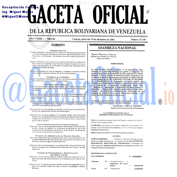 Gaceta Oficial 37349 del 19 Diciembre 2001