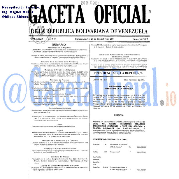 Gaceta Oficial 37350 del 20 Diciembre 2001