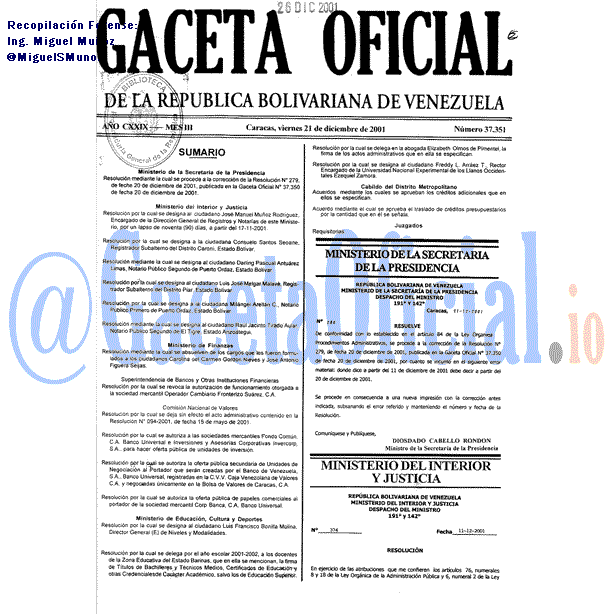 Gaceta Oficial 37351 del 21 Diciembre 2001