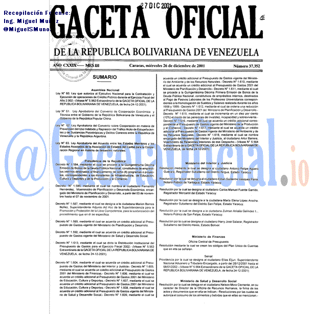 Gaceta Oficial 37352 del 26 Diciembre 2001