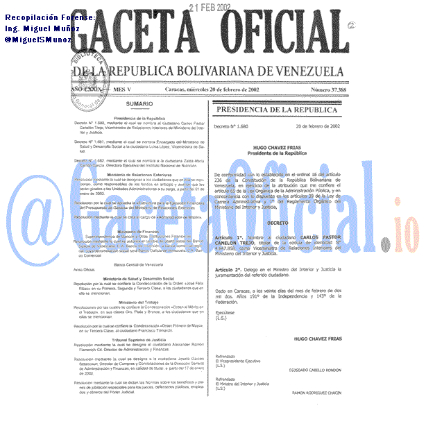 Gaceta Oficial 37388 del 20 Febrero 2002