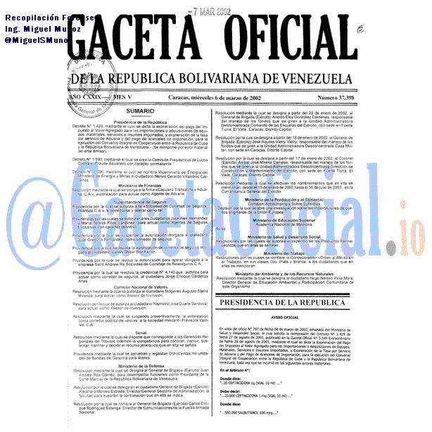 Gaceta Oficial 37398 del 6 Marzo 2002