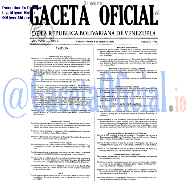 Gaceta Oficial 37400 del 8 Marzo 2002