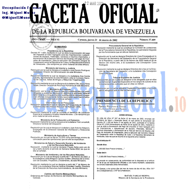 Gaceta Oficial 37409 del 21 Marzo 2002