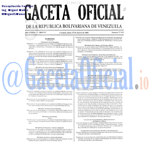 Gaceta Oficial 37411 del 25 Marzo 2002