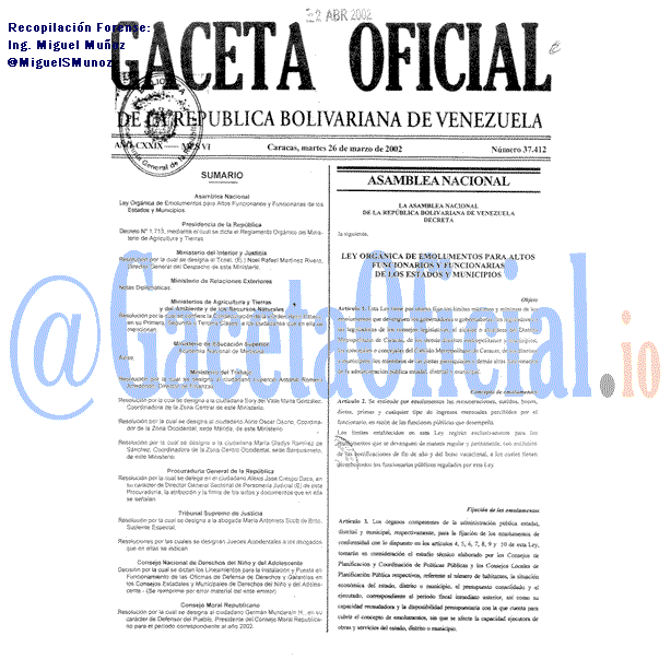 Gaceta Oficial 37412 del 26 Marzo 2002