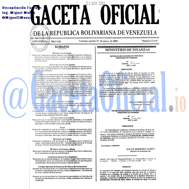 Gaceta Oficial 37447 del 21 Mayo 2002