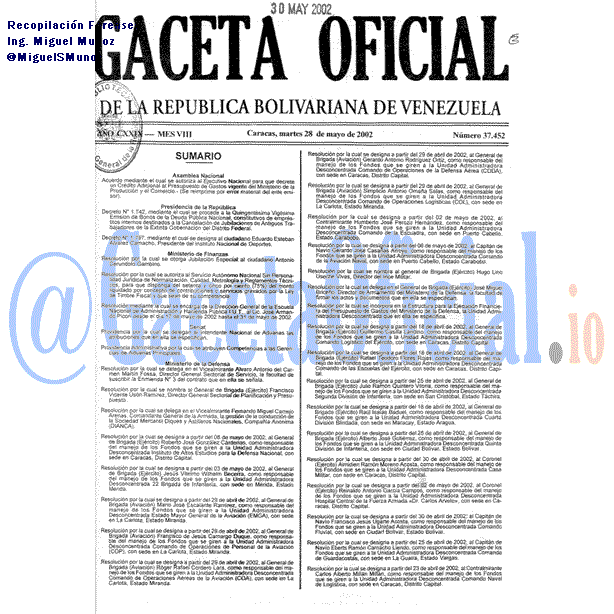 Gaceta Oficial 37452 del 28 Mayo 2002